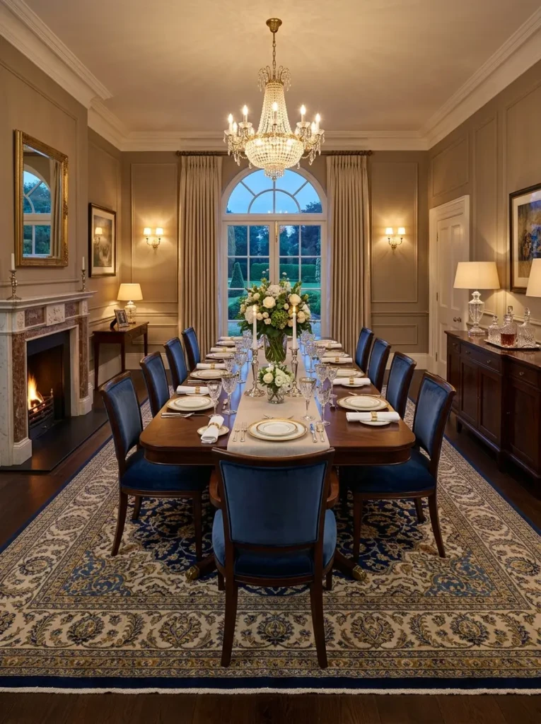 Elegant dining room with a large oversized rug extending beyond the dining chairs.