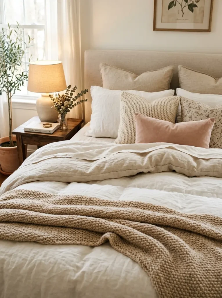Small bedroom with fluffy layered bedding and soft neutral textures