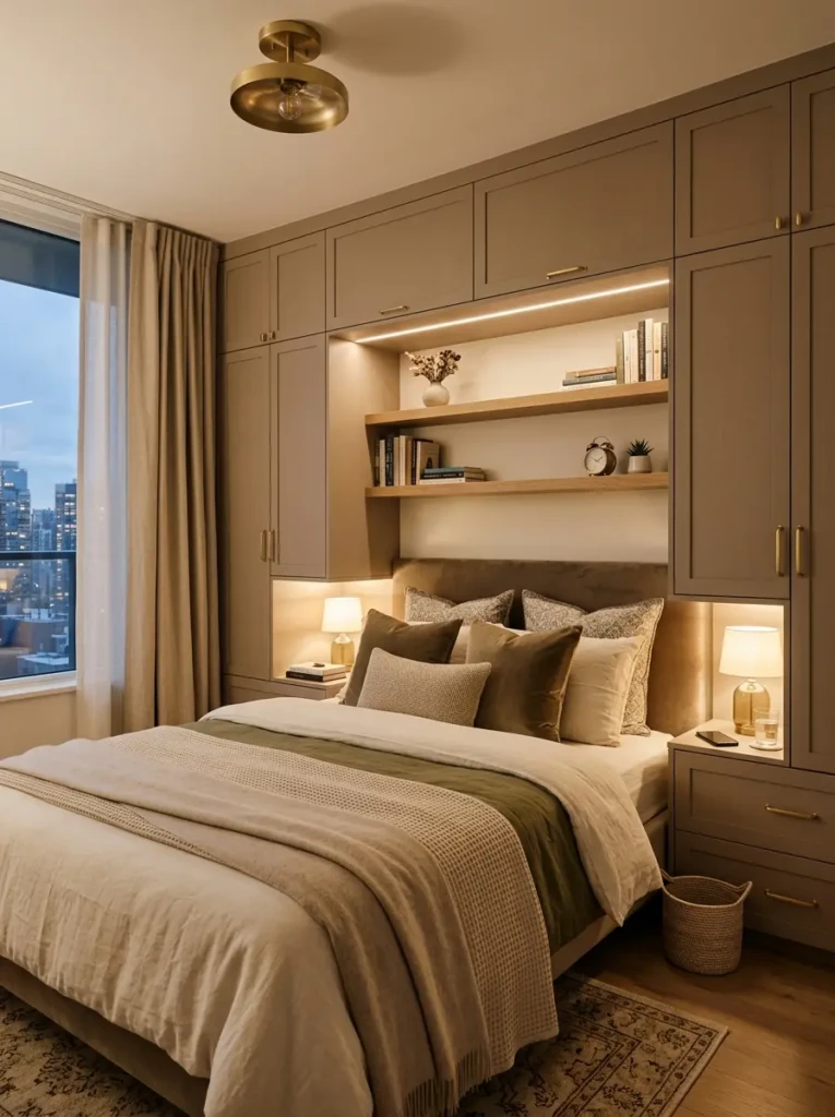 Compact bedroom with built-in wardrobes surrounding the bed and warm ambient lighting.