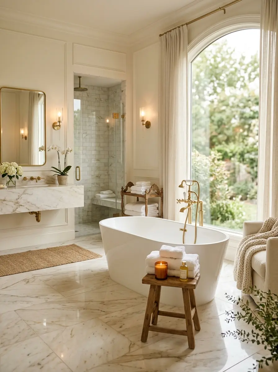 Warm marble luxury bathroom with soft lighting, fluffy towels, and elegant spa-inspired decor
