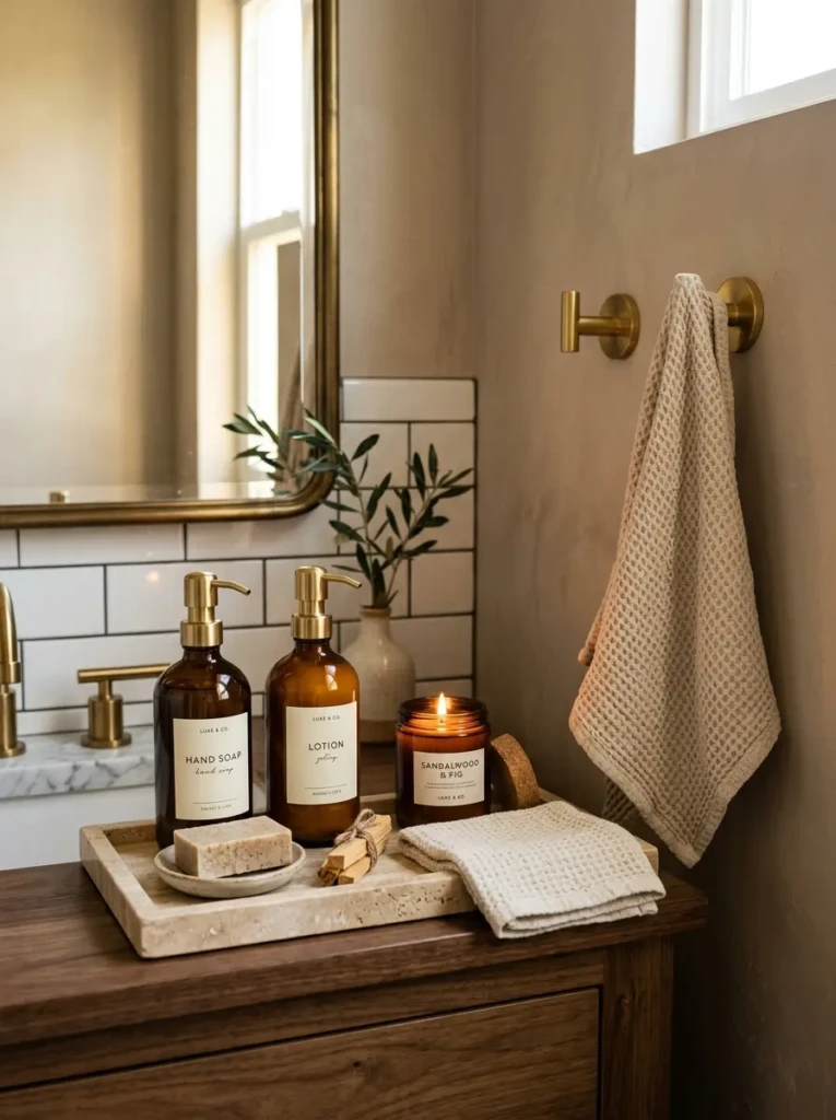 Stylish bathroom accessories including amber glass bottles, candles, and brass accents