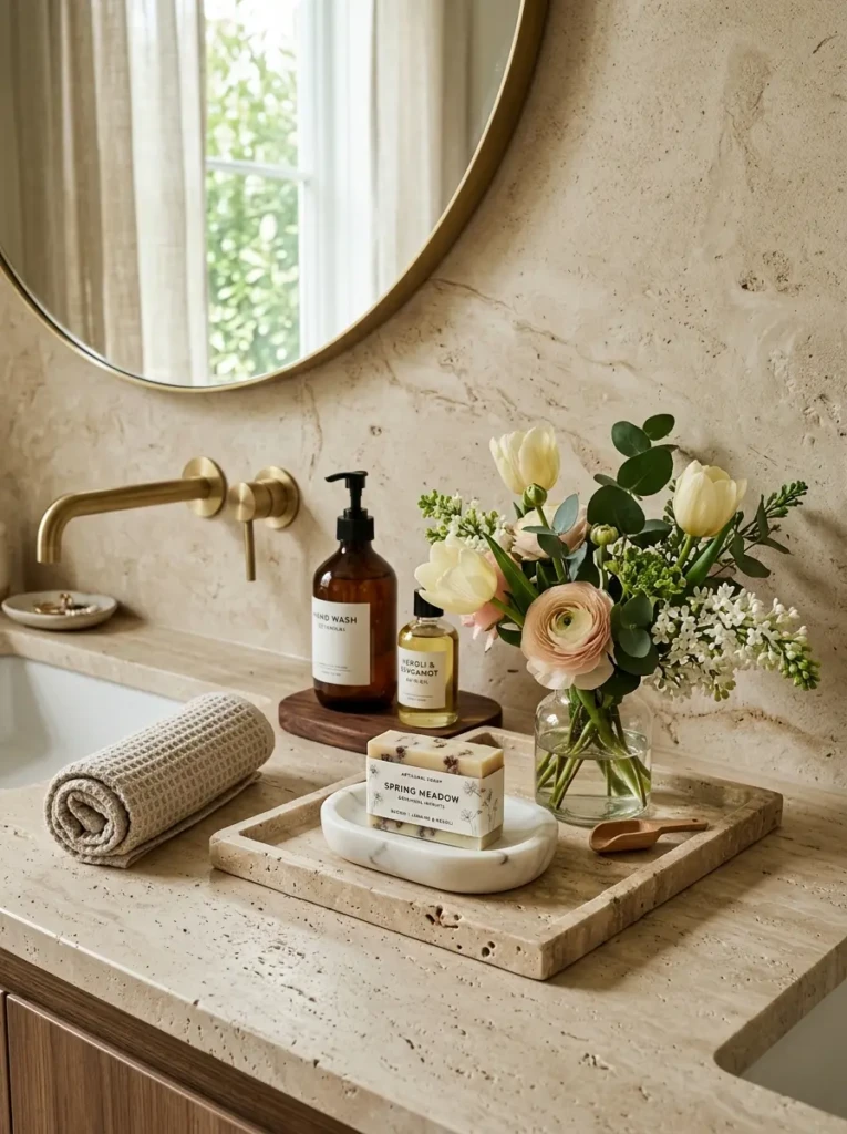 Elegant bathroom featuring travertine accessories, marble textures, and warm neutral decor.