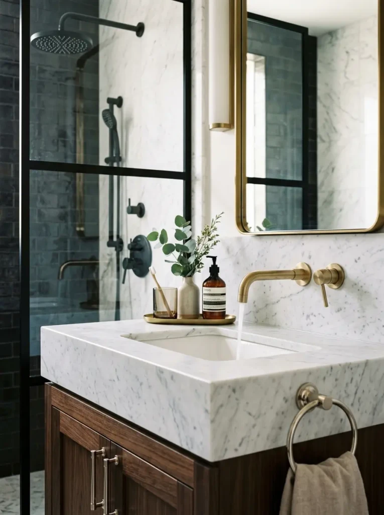 Luxury bathroom shelving with rolled white towels, candles, and eucalyptus decor