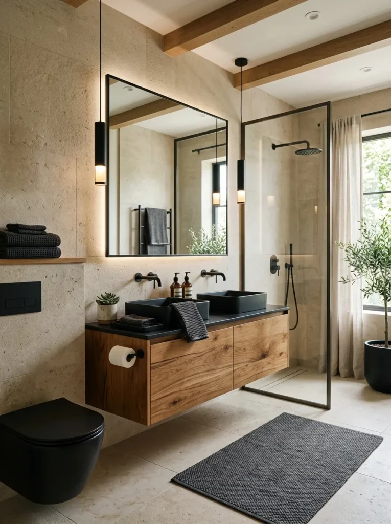 Luxury bathroom with matte black fixtures, warm wood vanity, and neutral stone walls