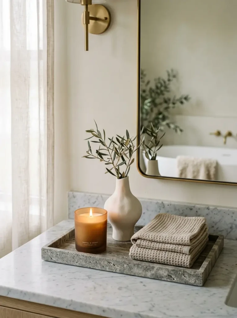 Elegant bathroom decor with candles, sculptural vase, and folded linen towels