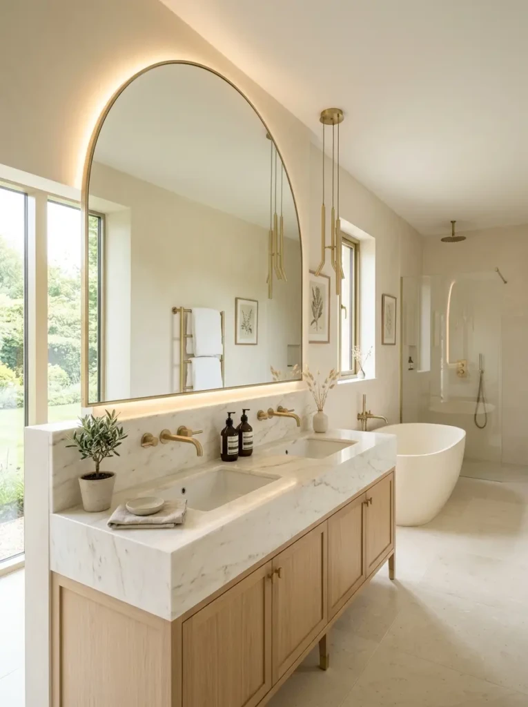 Airy luxury bathroom with oversized arched mirror and elegant soft lighting