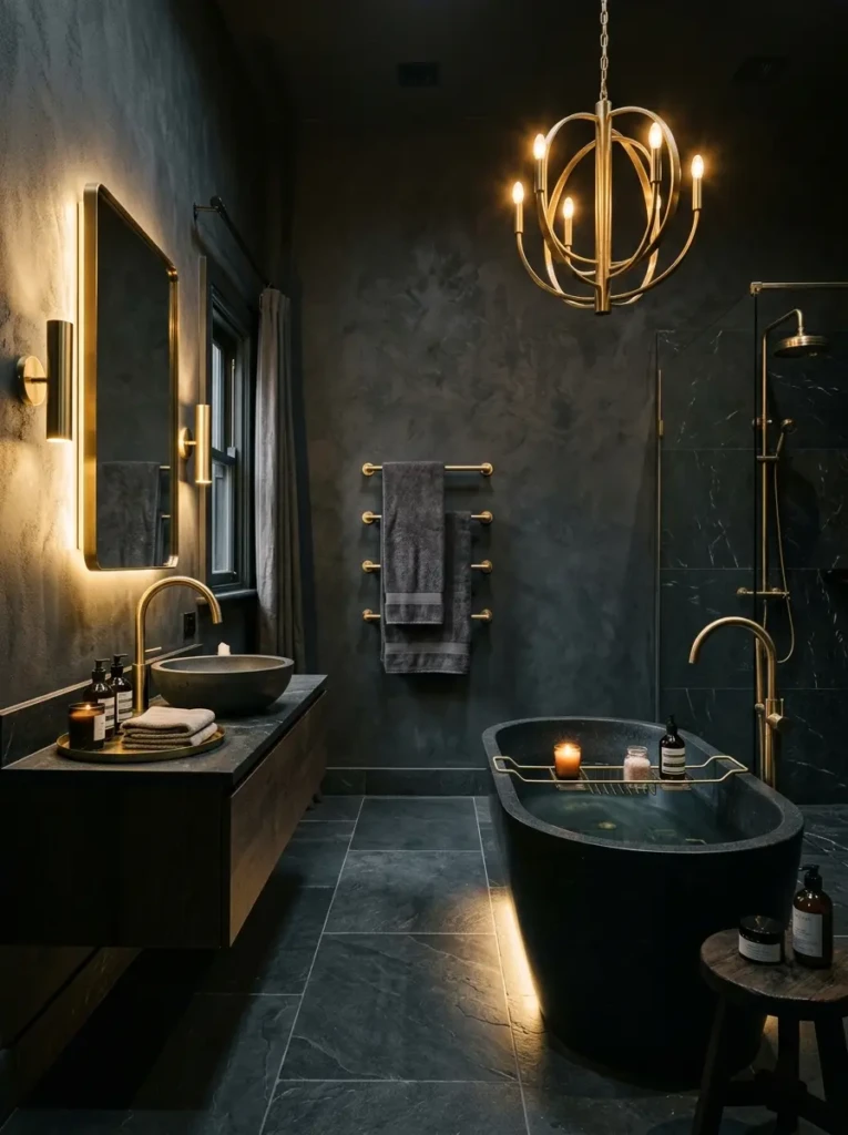 Luxury bathroom with frameless glass shower, rainfall showerhead, and oversized stone tiles