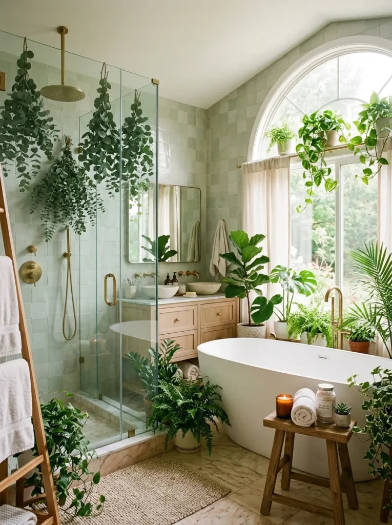 Luxury bathroom with eucalyptus in shower, soft sunlight, and peaceful greenery