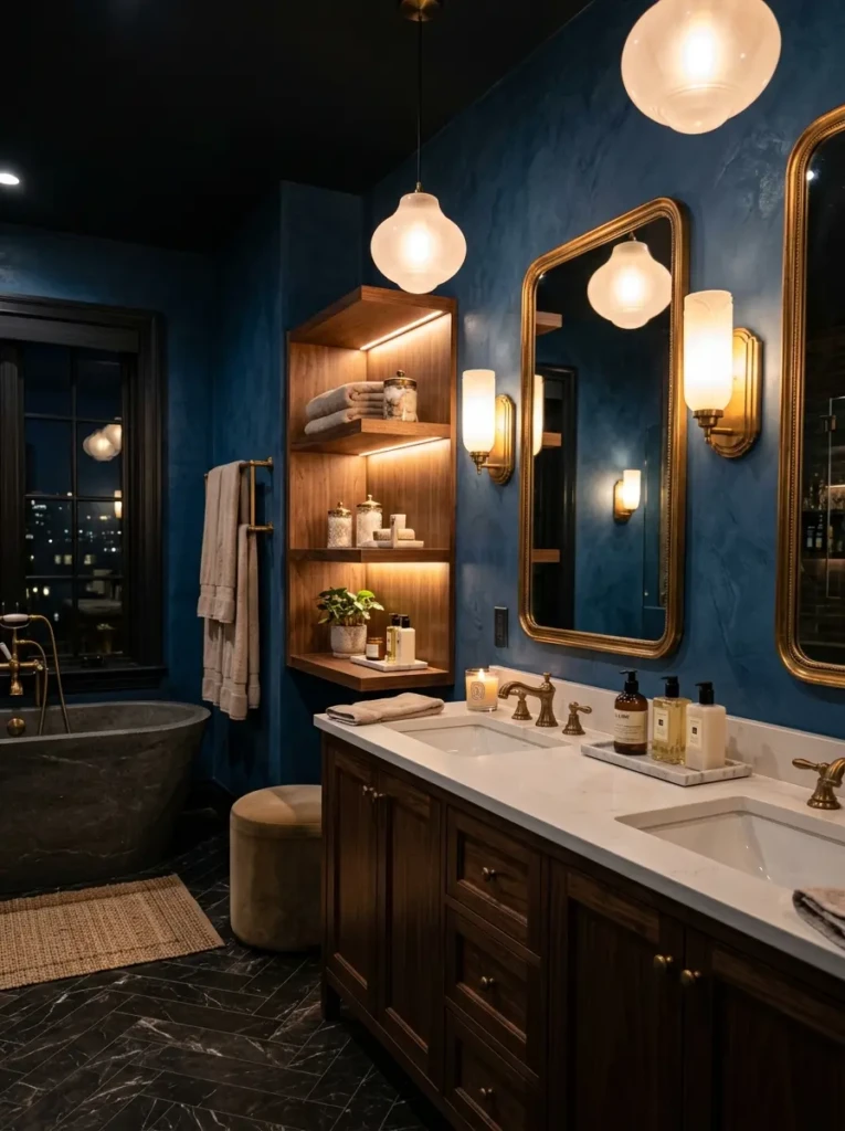 Elegant bathroom with oversized marble slabs, airy design, and bright natural lighting