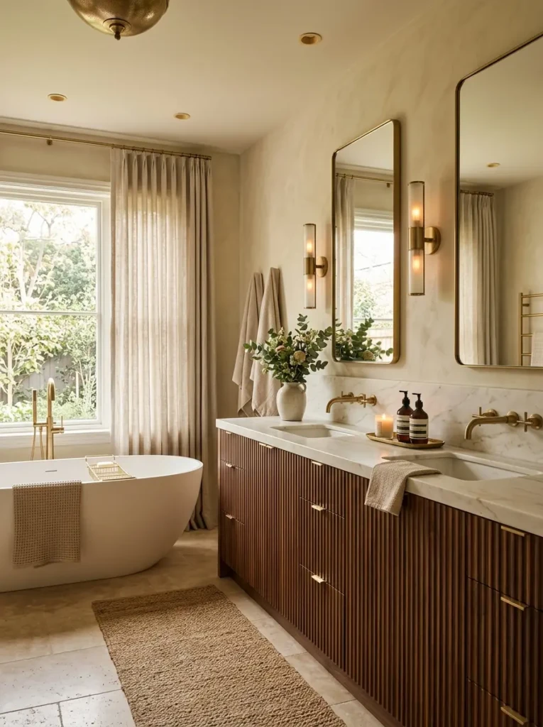 Dark charcoal bathroom with dramatic lighting, brass accents, and cozy elegant atmosphere