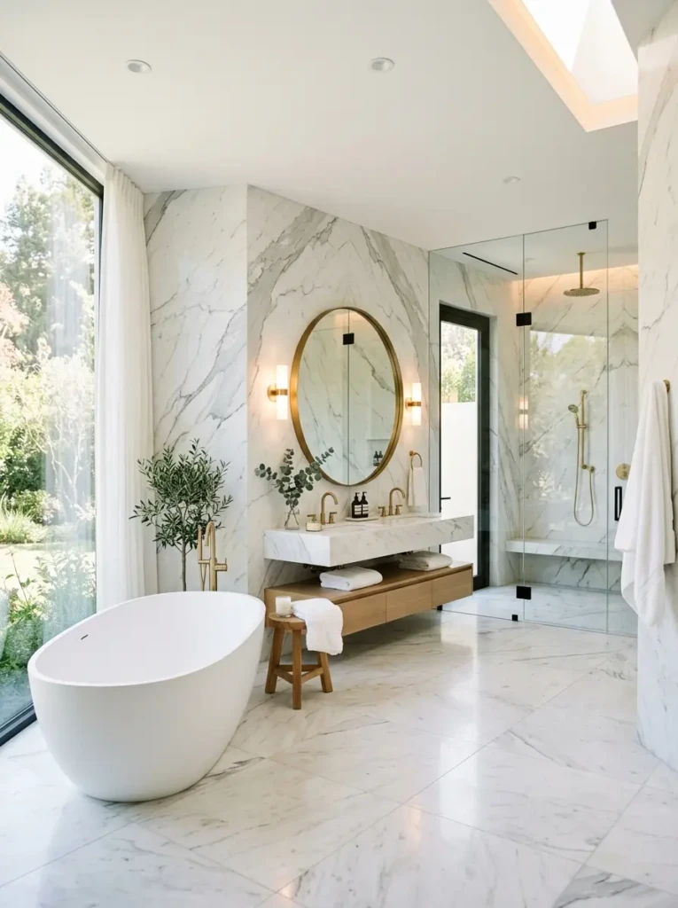 Modern bathroom with floating oak vanity, under-lighting, and textured stone wall