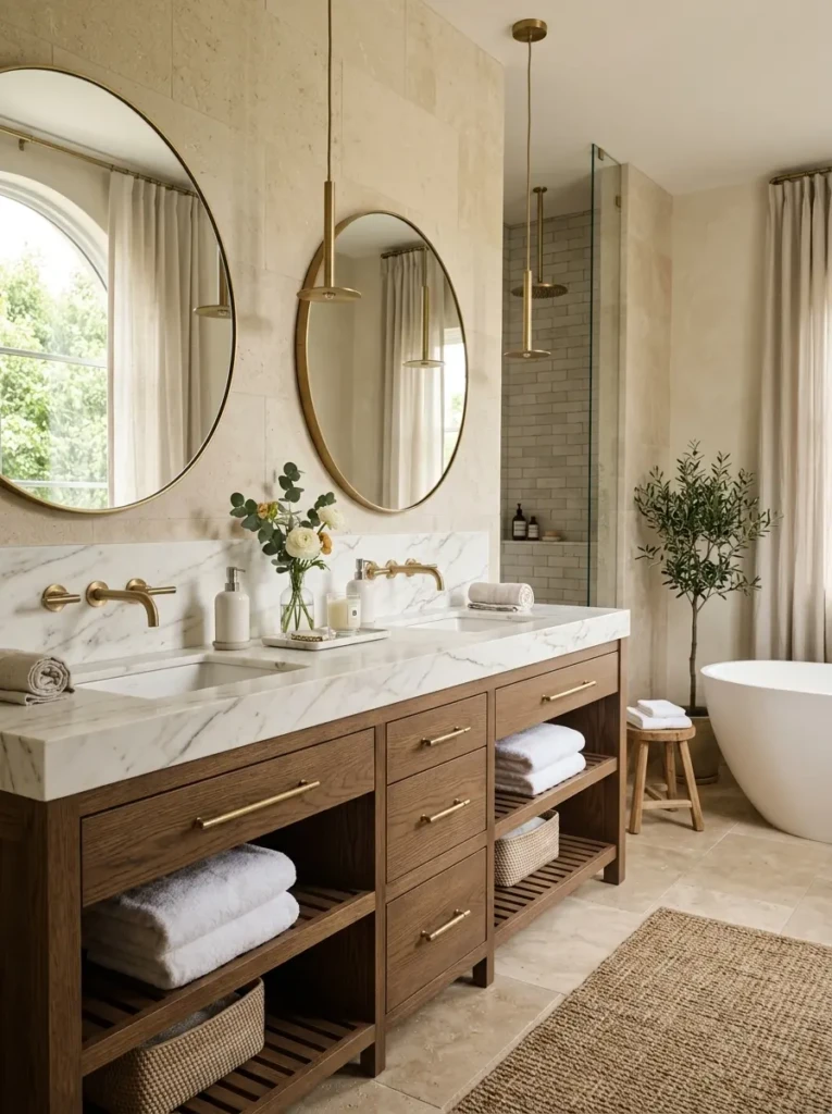 Marble-topped double vanity paired with warm wood cabinetry and organic spa-inspired bathroom styling.