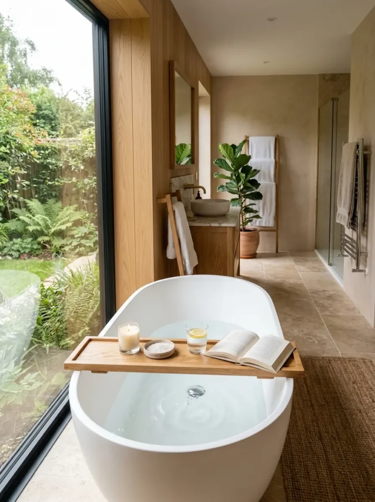 Luxury bathroom with oak accents, wooden bath tray, and calming natural textures.