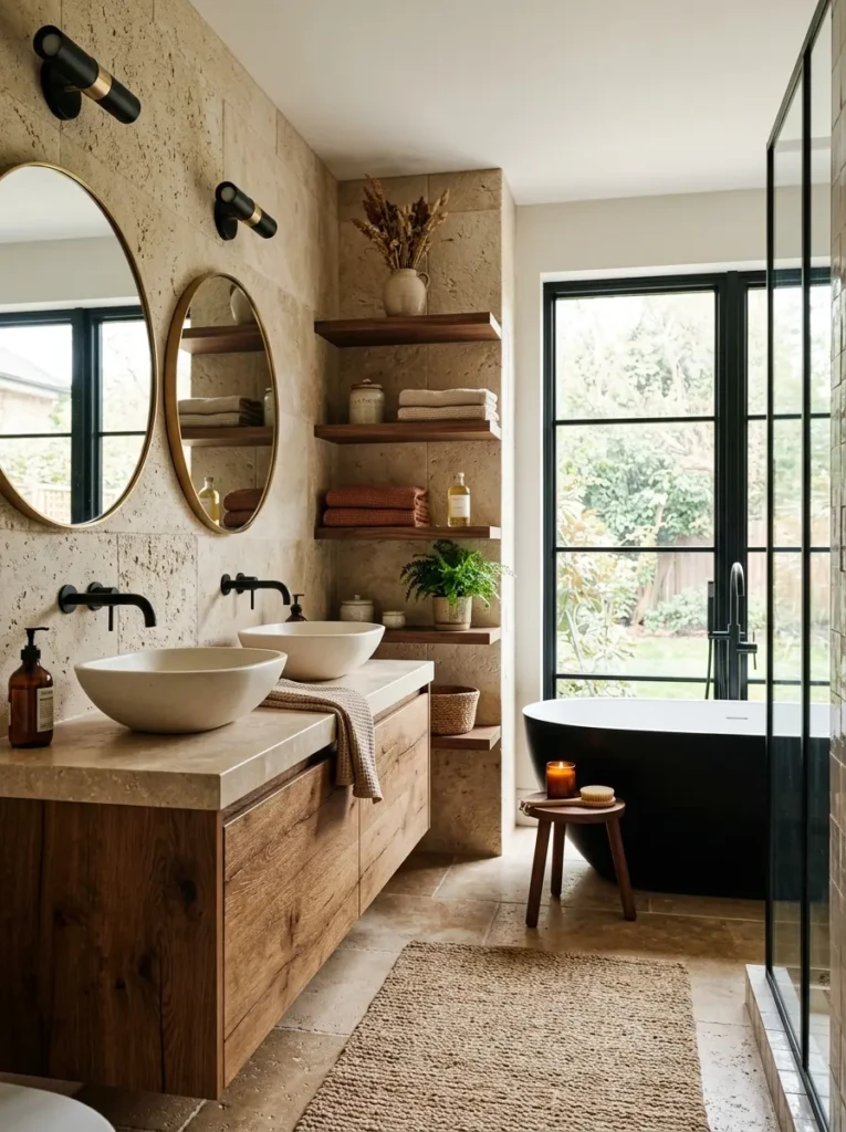 Modern luxury bathroom featuring oak vanity, walnut shelves, and warm natural textures