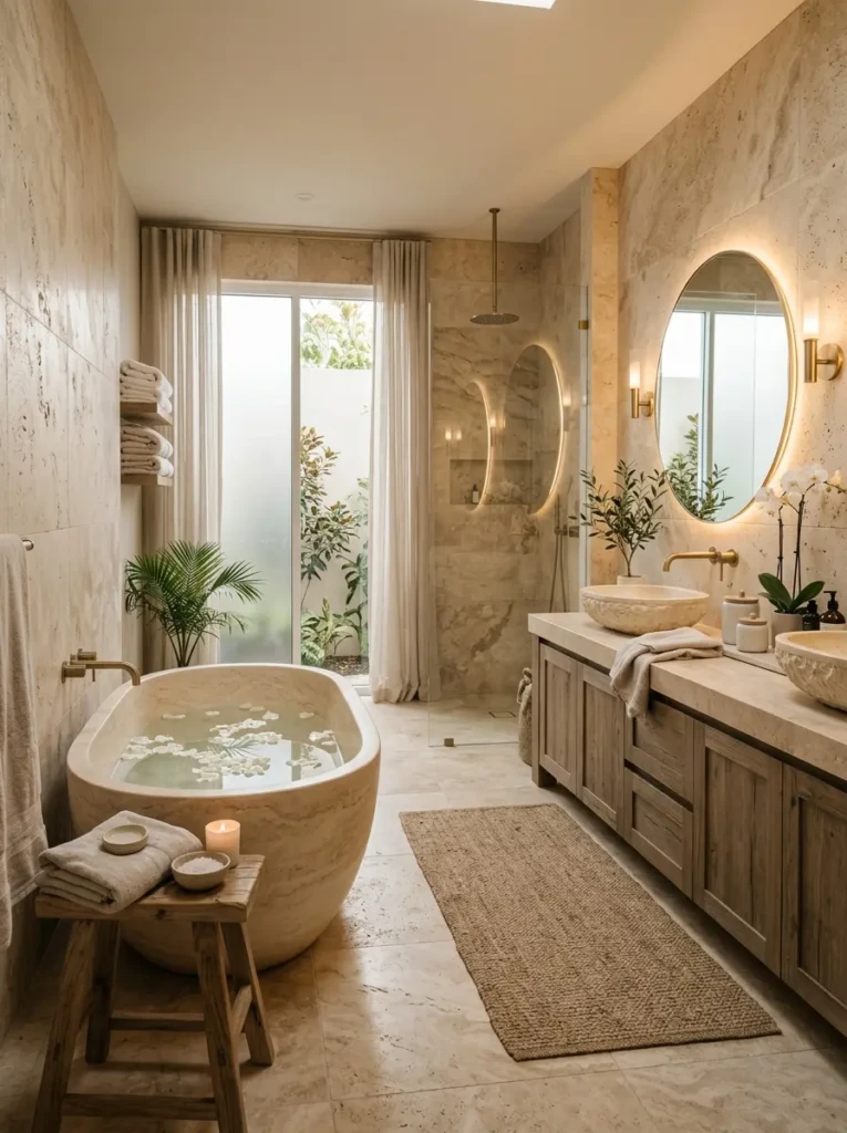 Luxury bathroom with travertine stone walls, warm lighting, and serene spa atmosphere