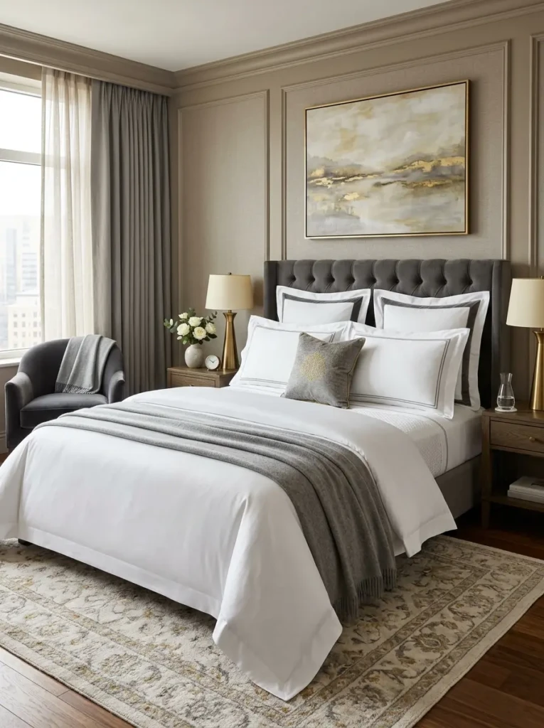 Sophisticated hotel-style bed with crisp white bedding, layered pillows, and elegant neutral bedroom decor