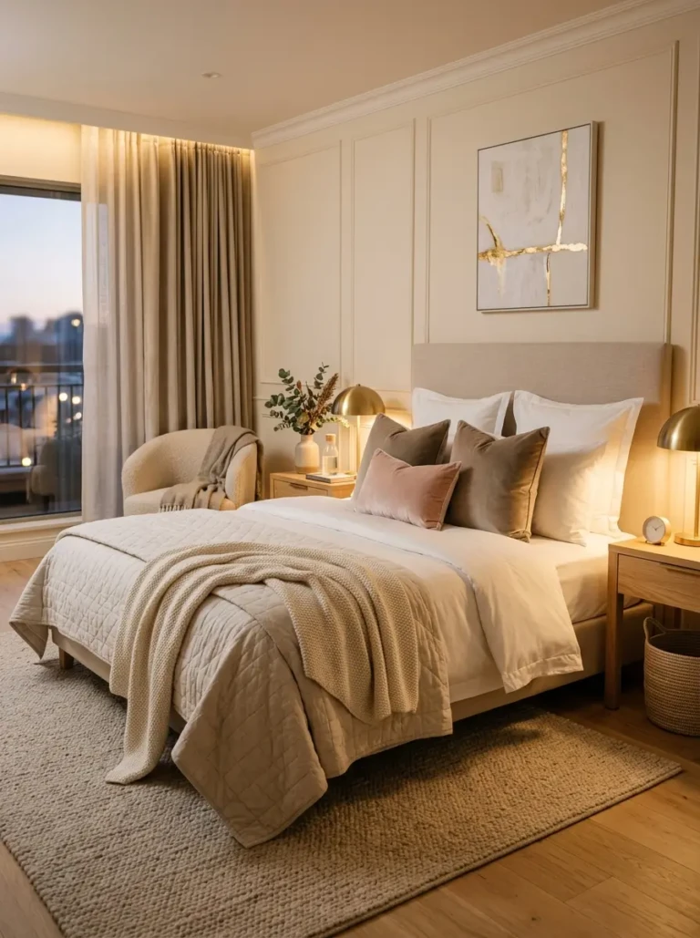 Cozy luxury bedroom with velvet pillows, soft lighting, crisp bedding, and an elegant boutique hotel-inspired aesthetic