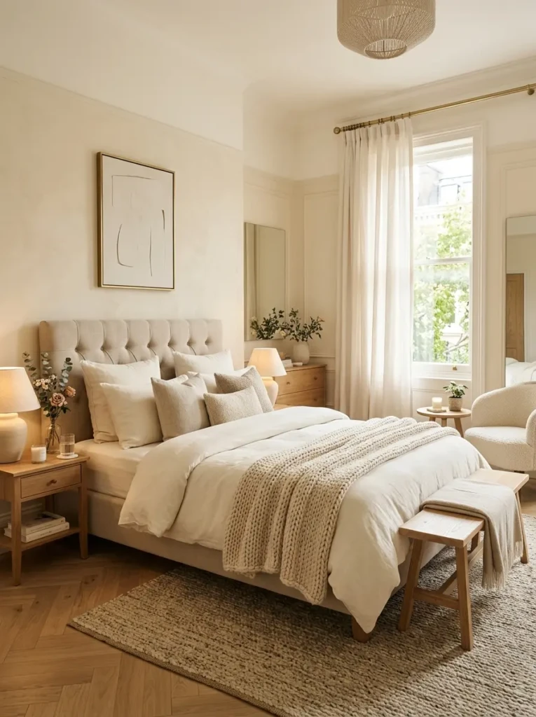 Cozy luxury bedroom with soft neutral layers, elegant bedding, and warm natural lighting