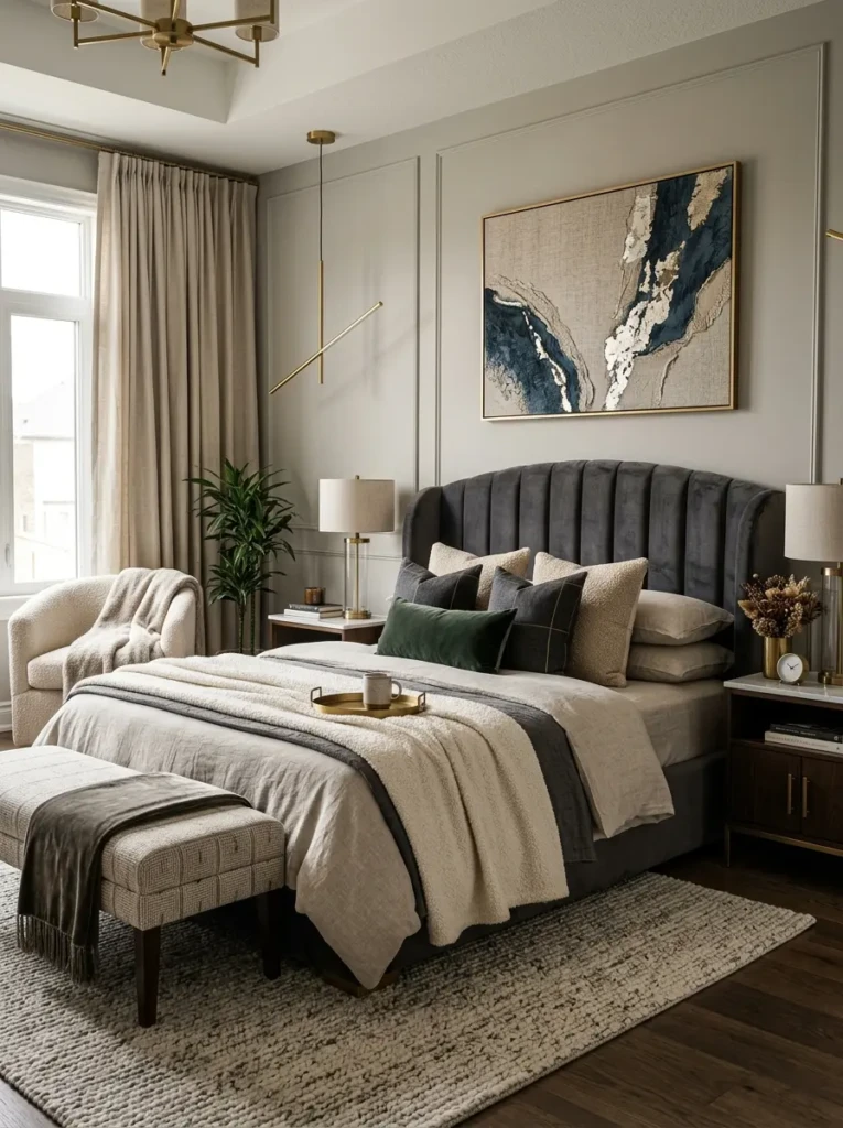 Luxury bedroom with velvet, boucle, linen, and layered textured decor