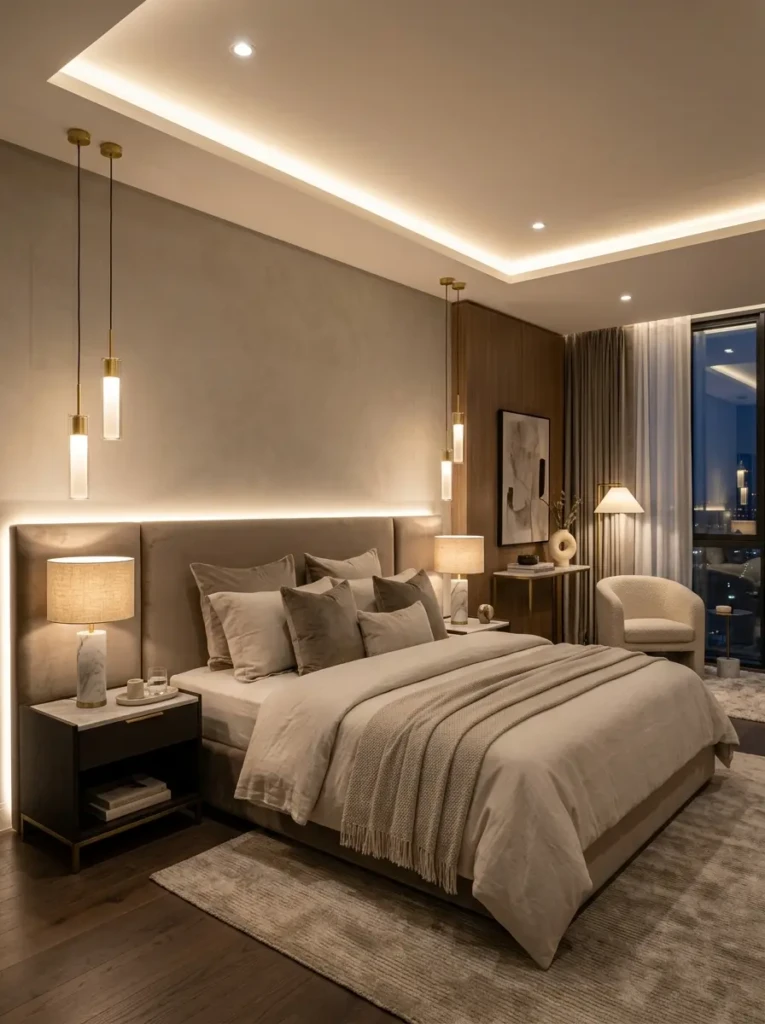Modern bedroom featuring pendant lights, marble lamps, and cozy warm lighting design