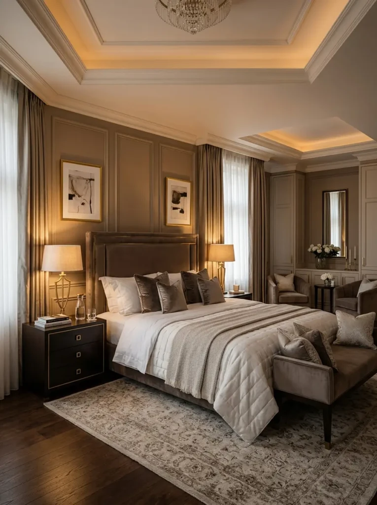 Elegant bedroom with matching nightstands, balanced decor, and warm lighting