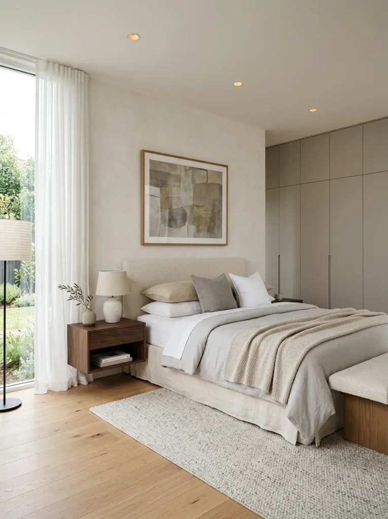 Clean and calming luxury bedroom with minimal clutter and cozy neutral styling
