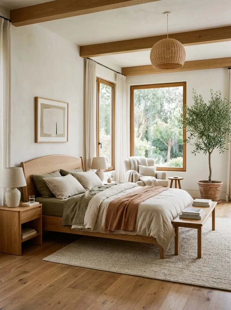 Airy luxury bedroom with wood furniture, linen textures, and indoor greenery