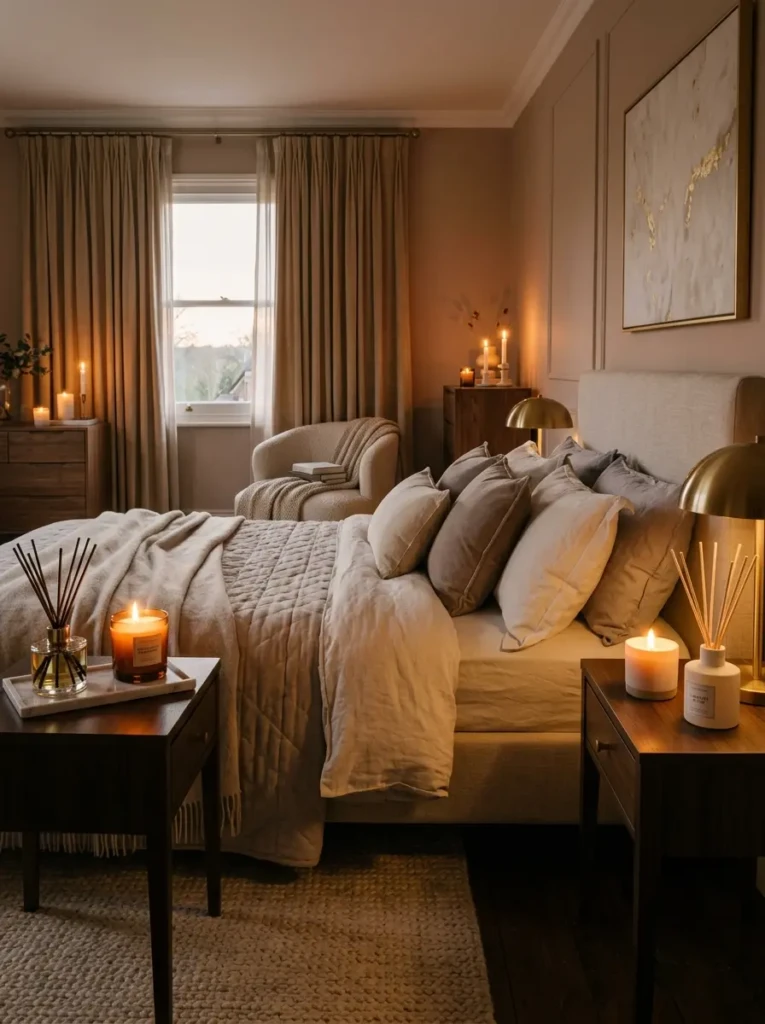 Cozy luxury bedroom with candles, reed diffusers, and relaxing warm ambiance
