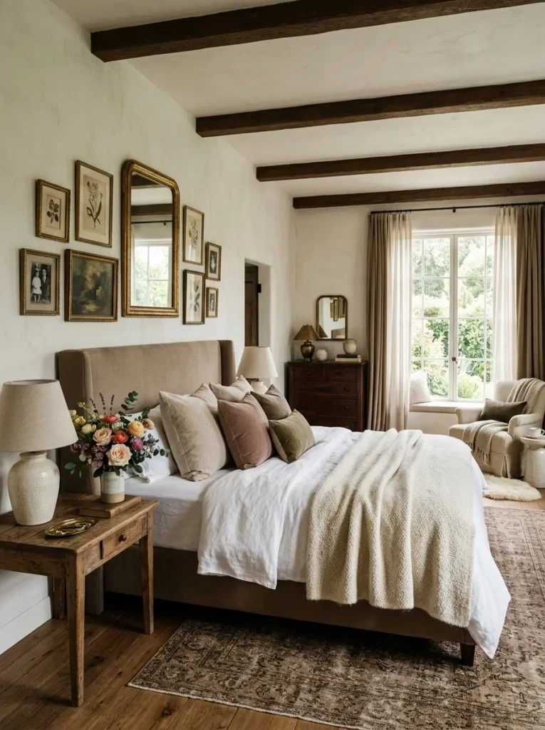 Cozy bedroom featuring flowers, handmade ceramics, and timeless luxury decor