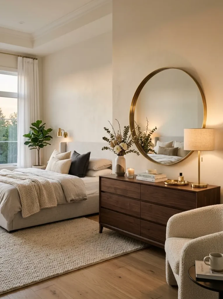 Luxury bedroom with brass-framed mirror and warm modern interior design