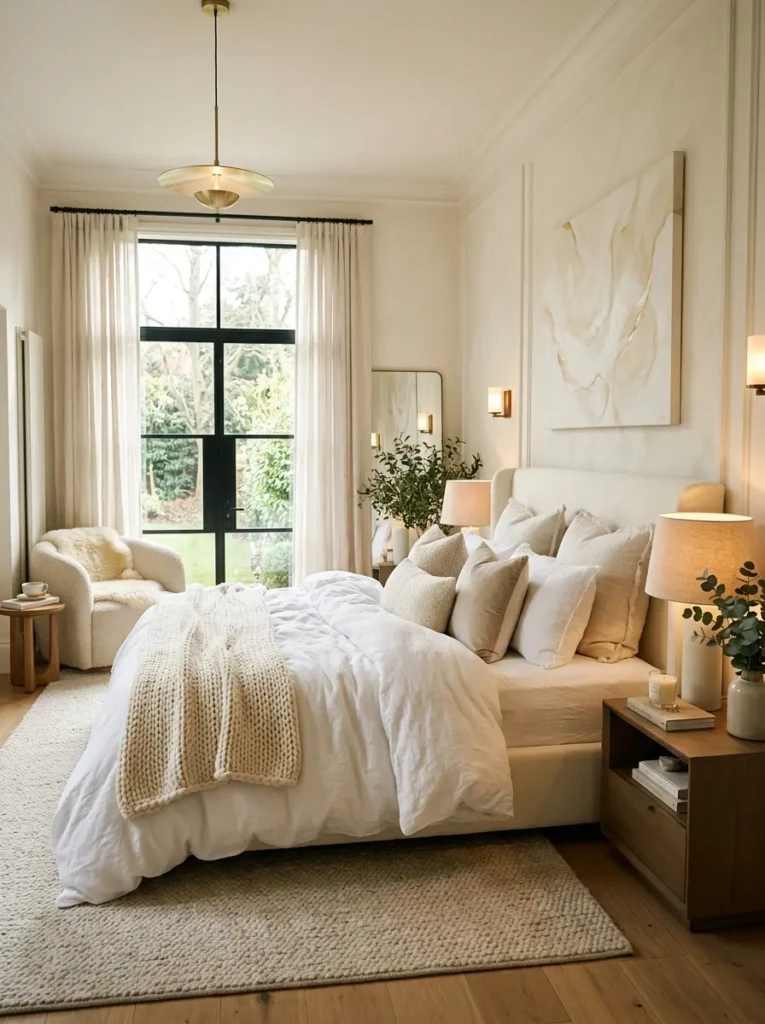 Cozy white bedroom with fluffy layered bedding, soft cream pillows, airy textures, and warm natural lighting