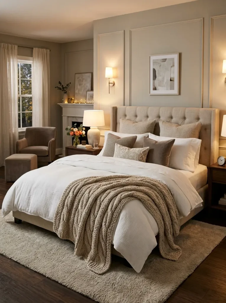 Luxury layered bedding with fluffy duvet, textured throws, and oversized pillows