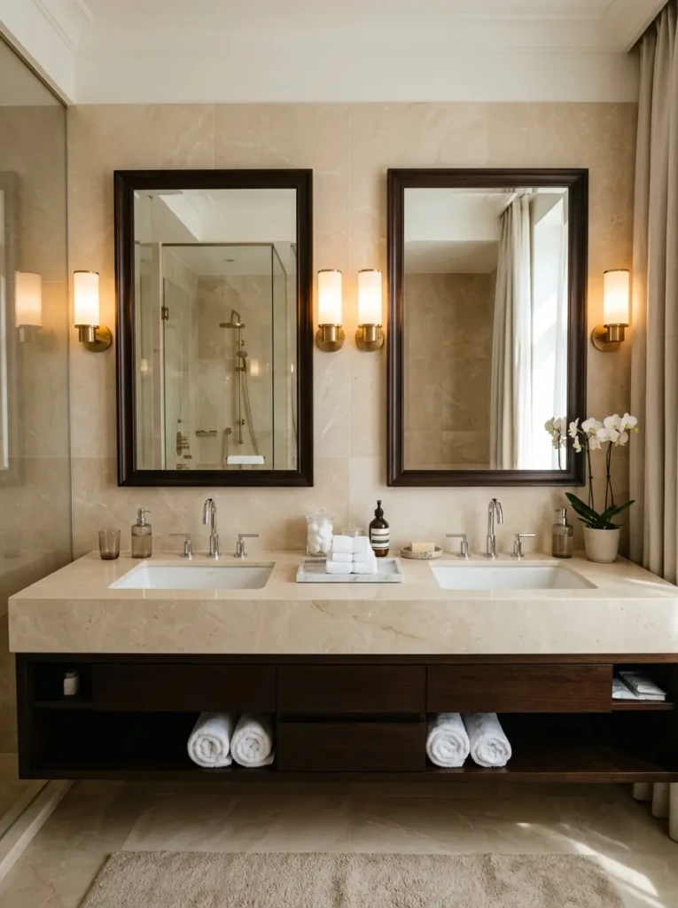 Luxury double sink bathroom with symmetrical mirrors, fluffy white towels, beige stone countertop, and elegant sconces.