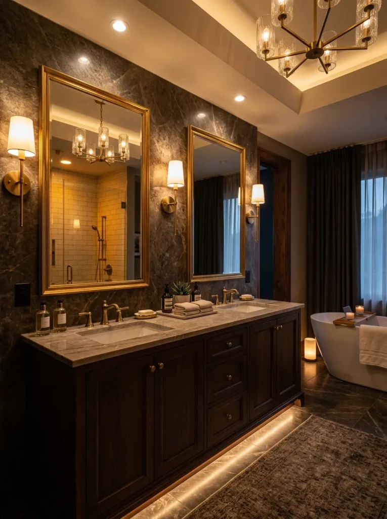 Luxury double vanity illuminated by sconces, ceiling lights, and under-cabinet lighting for a warm glow.