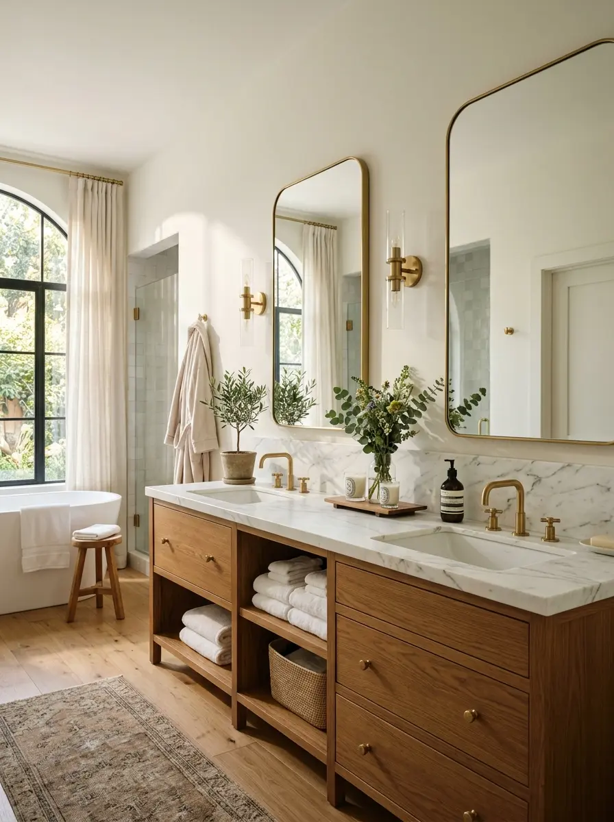 Dreamy luxury double vanity bathroom with warm wood cabinets, white stone countertops, elegant sinks, soft sunlight, and spa-inspired decor.