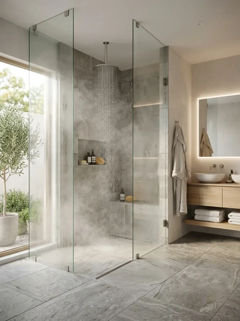 Spa-inspired bathroom with teak stool, walnut cabinetry, and warm wood details