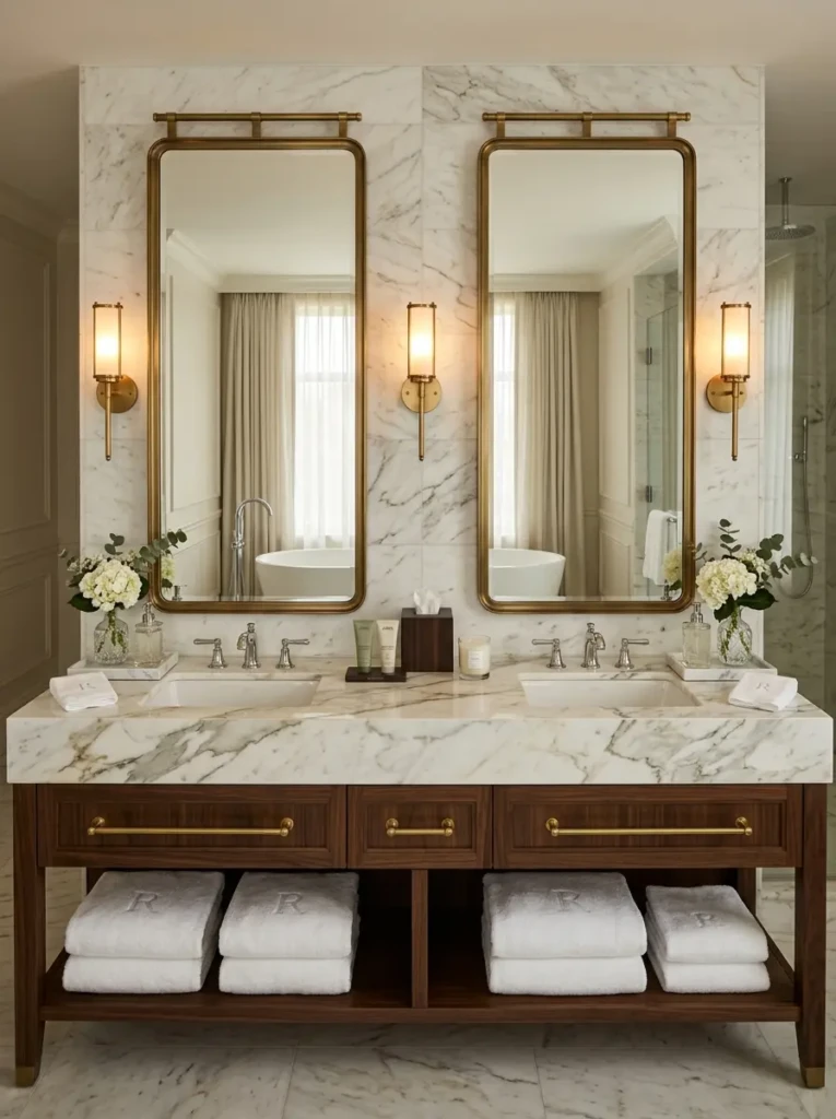Marble double vanity with oversized mirrors, elegant sconces, and five-star hotel bathroom styling.