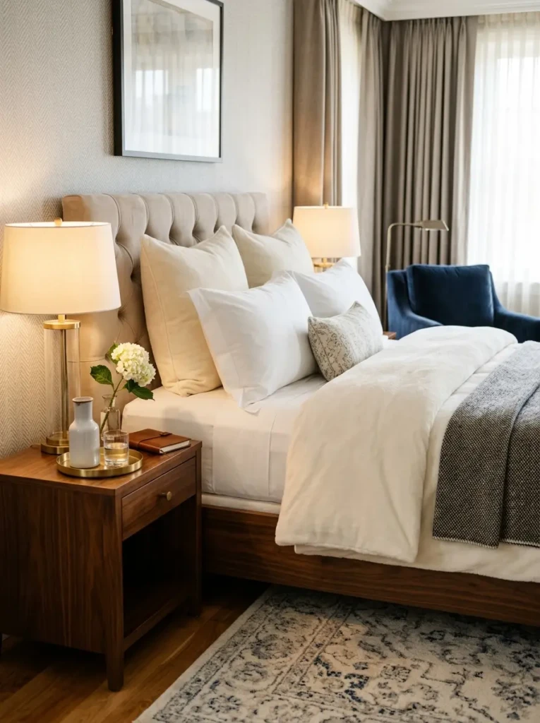 Elegant bed with crisp white sheets, fluffy cream duvet, symmetrical pillows, folded throw, clean nightstand, and soft light.