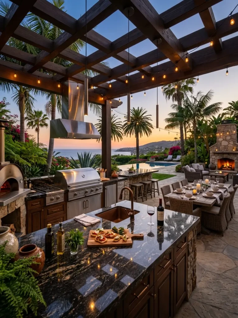 Premium outdoor kitchen with granite countertops and designer lighting