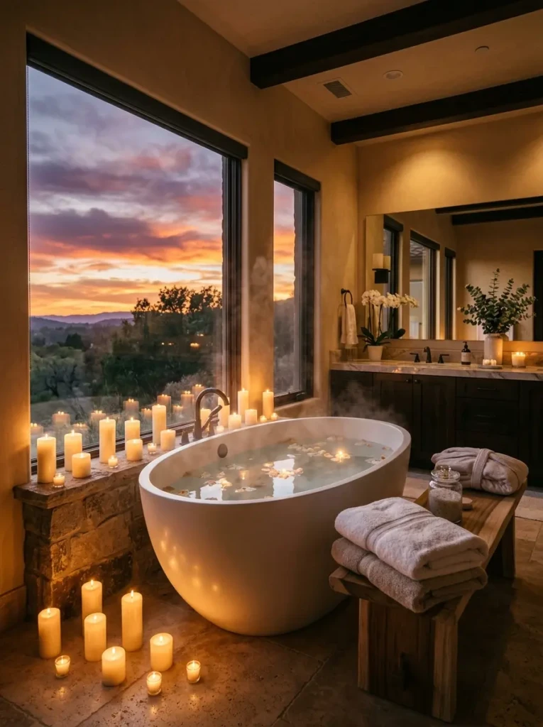 Luxury bathroom with freestanding soaking tub, candlelight glow, and warm spa-inspired atmosphere