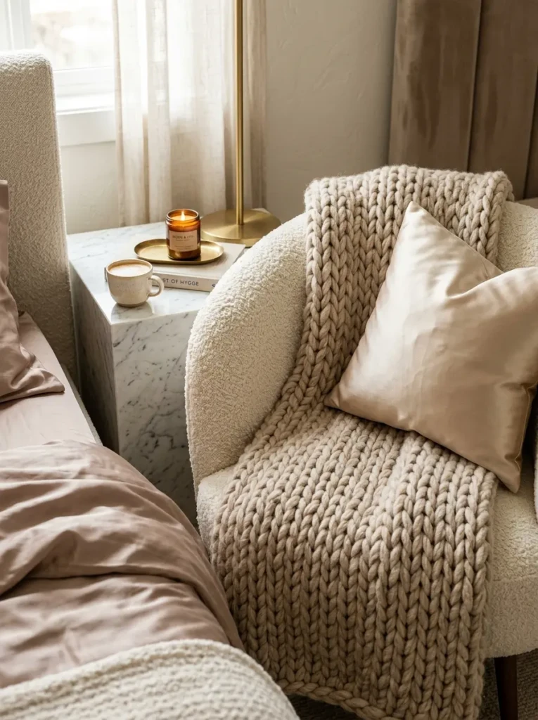 Close-up of satin fabrics, chunky knit blankets, and marble surfaces in luxury bedroom