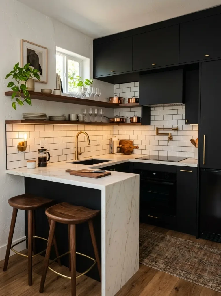 Luxury tiny kitchen with black cabinetry, walnut stools, and brass fixtures