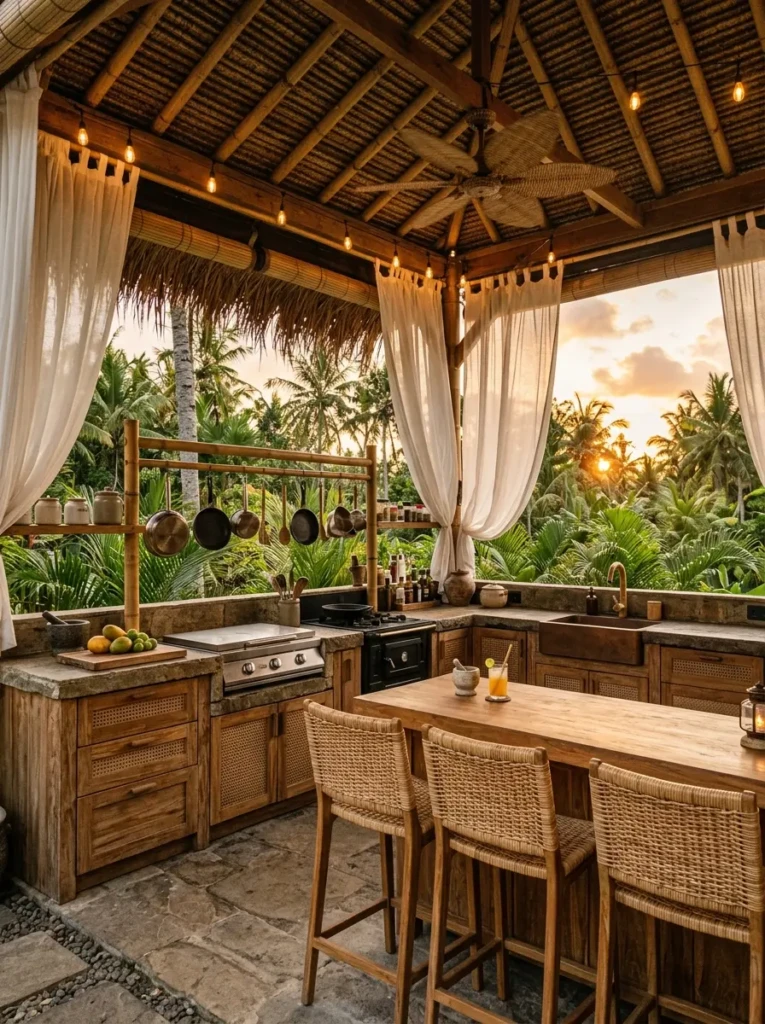 Tropical outdoor dirty kitchen with bamboo textures, palm trees, and airy resort vibes