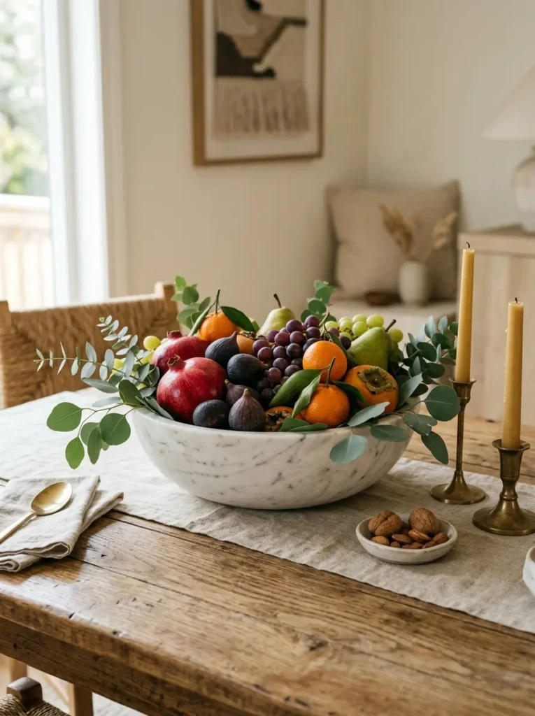 Marble bowl with seasonal fruit and greenery on a cozy dining room table