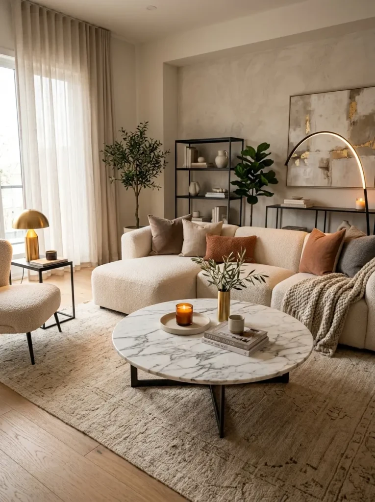 Cozy modern interior with marble coffee table and boucle seating.