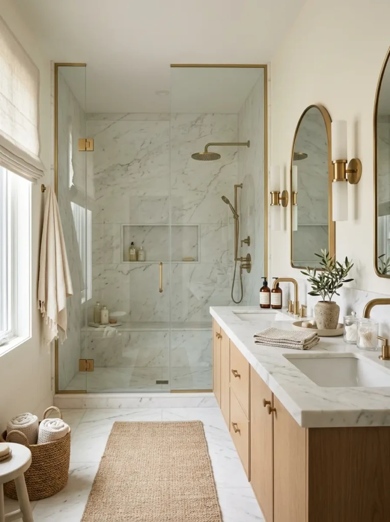 White marble shower and vanity with brushed brass accents and warm neutral styling.
