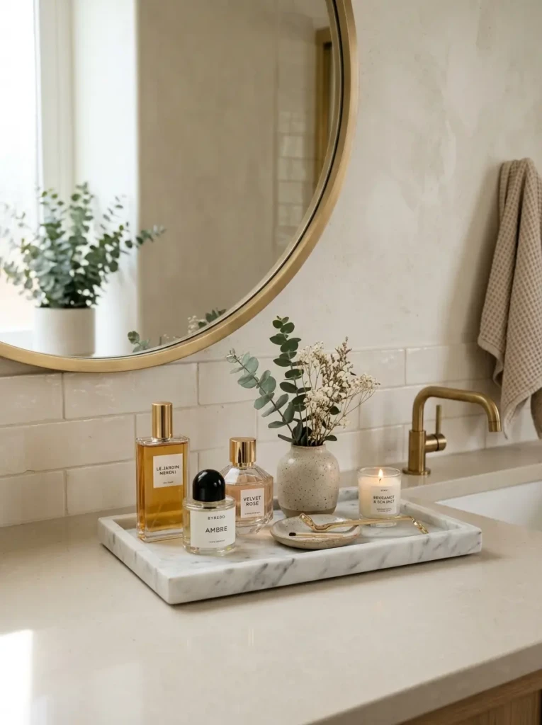 A bathroom shelf styled with a marble tray holding perfumes and decor for an elegant and minimal look