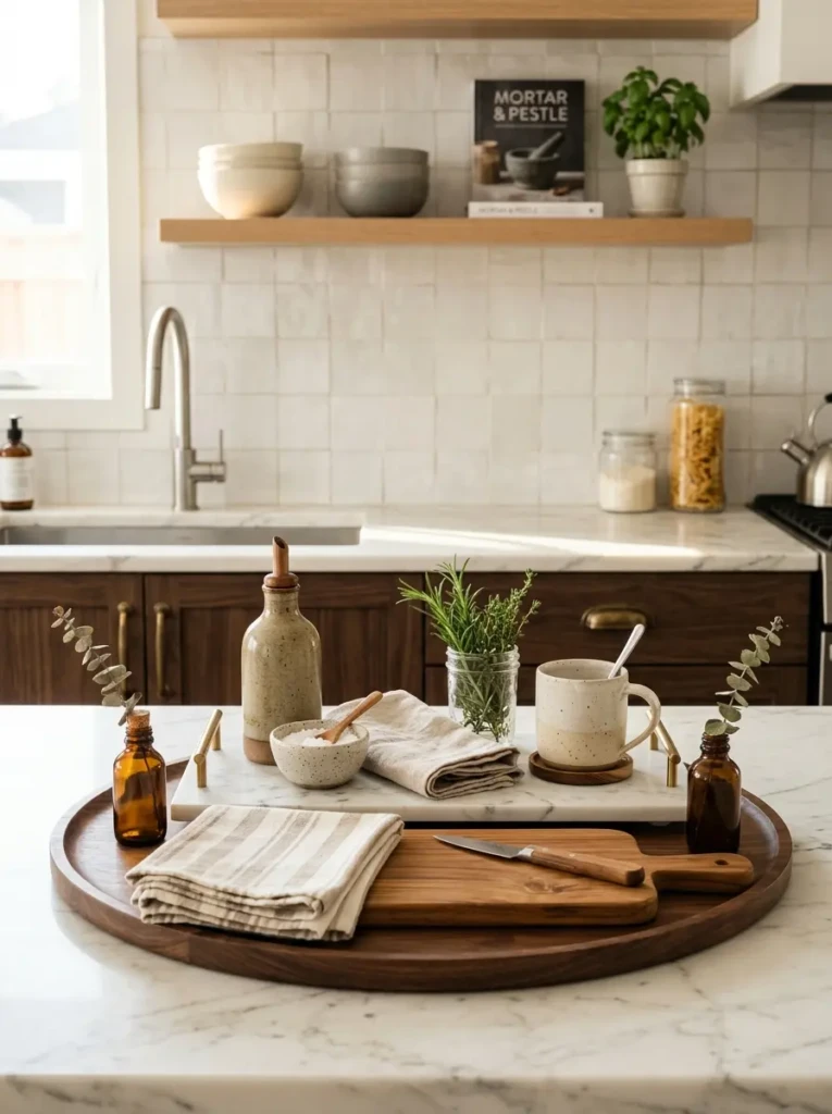 Marble and wooden trays arranging stylish kitchen accessories neatly