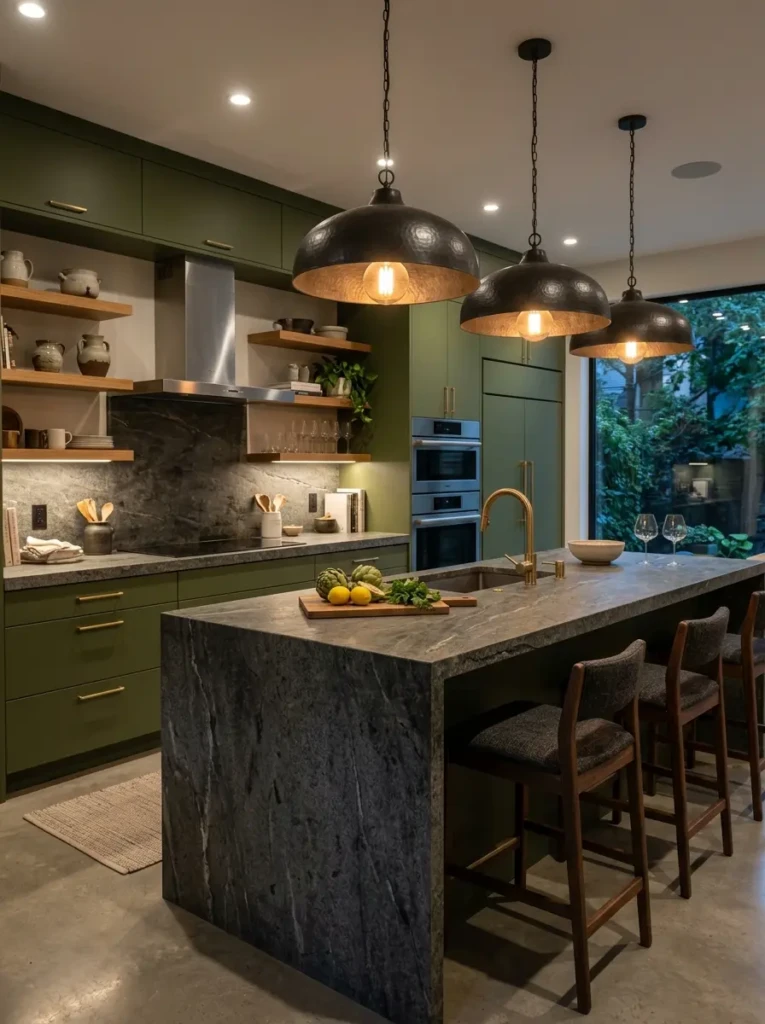 Matte green kitchen with textured stone surfaces, pendant lighting, and brass details