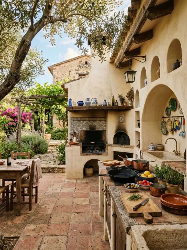 Mediterranean-style outdoor dirty kitchen with terracotta tiles and stucco walls